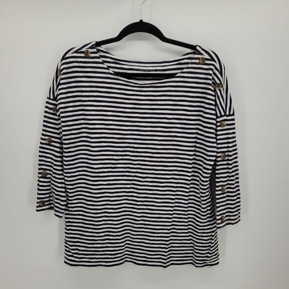Talbots Womens large navy blue white stripe shoulder button detail 3/4 sleeve - Picture 9 of 9